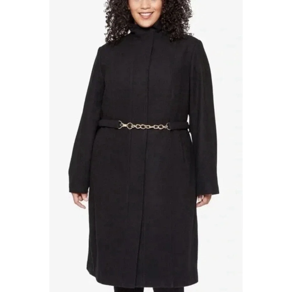 Vince Camuto Womens Chain-Belt Walker Coat Wool Blend Black Size Petite XS
